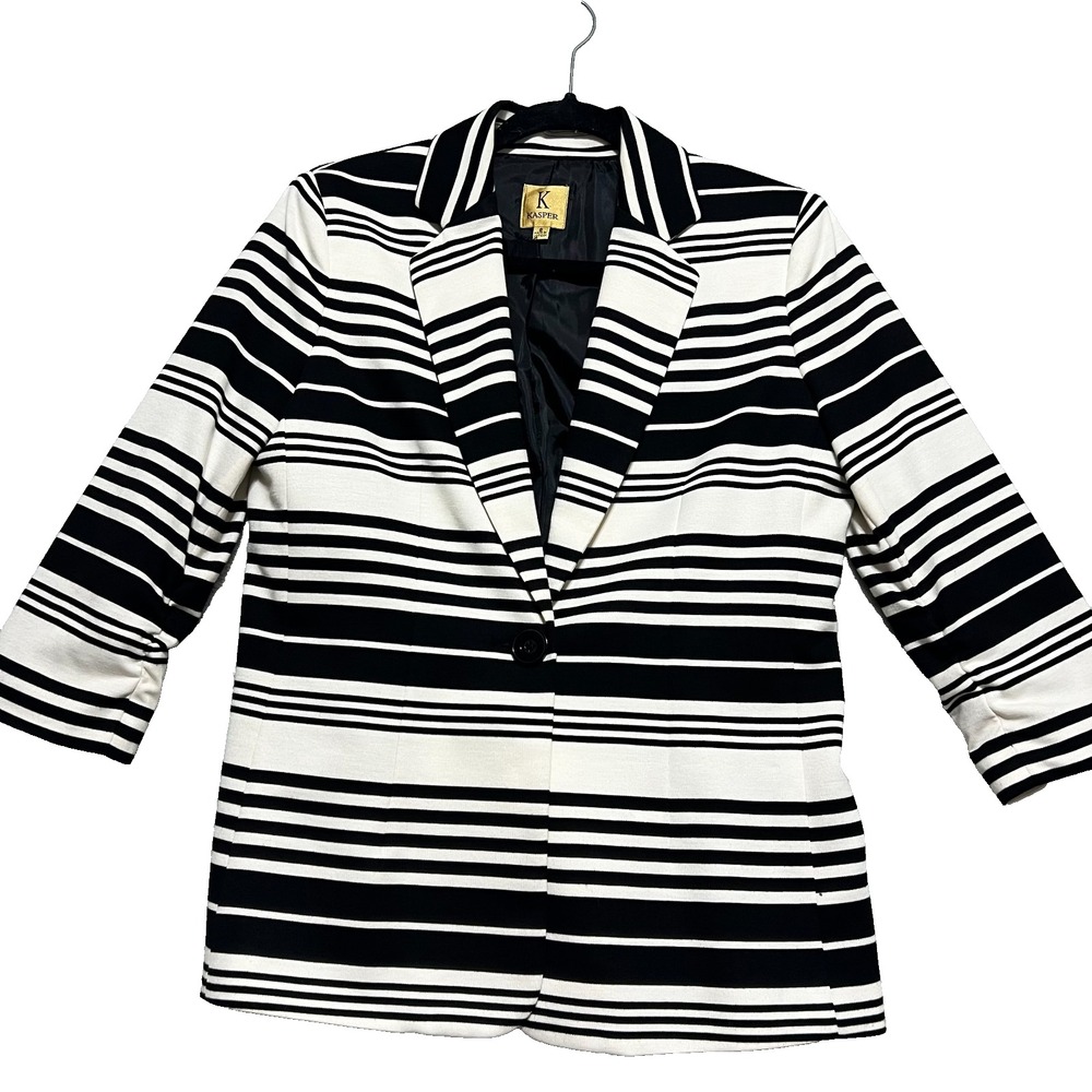 Kasper Womens Black White Striped One Button Blazer 3/4 Sleeve Office Size 8